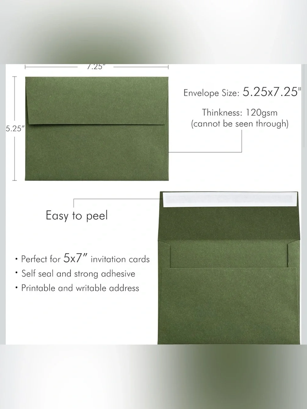 PONATIA 50 Pack A7 Envelopes, 5 x 7 Olive Green Self-Adhesive Envelopes